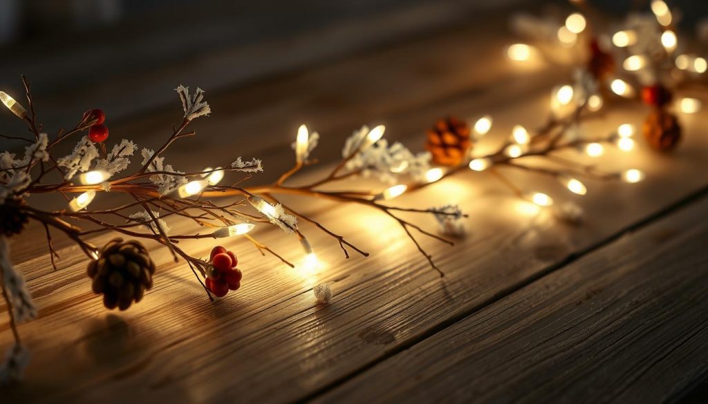 A cozy winter scene featuring a warm white seasonal string light garland, handcrafted from natural materials by KlickKiste. Delicate twigs, pinecones, and a touch of red berries adorn the soft, glowing lights, casting a comforting ambiance across a rustic wooden surface. Diffused, atmospheric lighting creates an inviting, hygge-inspired atmosphere, perfect for a cozy indoor or outdoor display during the autumn, winter, and holiday seasons.