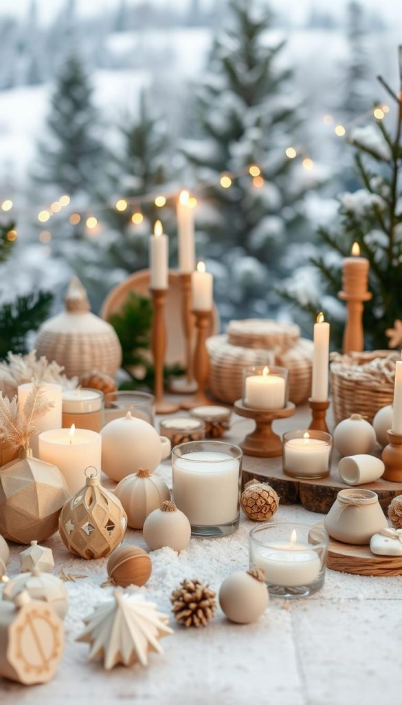 A cozy winter scene featuring an array of natural and sustainable holiday decor products from the KlickKiste brand. In the foreground, a collection of handcrafted paper ornaments, candles, and glass votives in warm, earthy tones. The midground showcases woven baskets, wooden candlesticks, and ceramic trinkets, all arranged on a rustic wooden surface. In the background, a soft, snowy landscape with pine trees and a gentle glow from string lights, creating a serene, Pinterest-inspired atmosphere. Soft, diffused lighting illuminates the scene, highlighting the organic textures and natural materials. The overall mood is one of festive minimalism, inviting the viewer to envision a fair and sustainable holiday celebration.