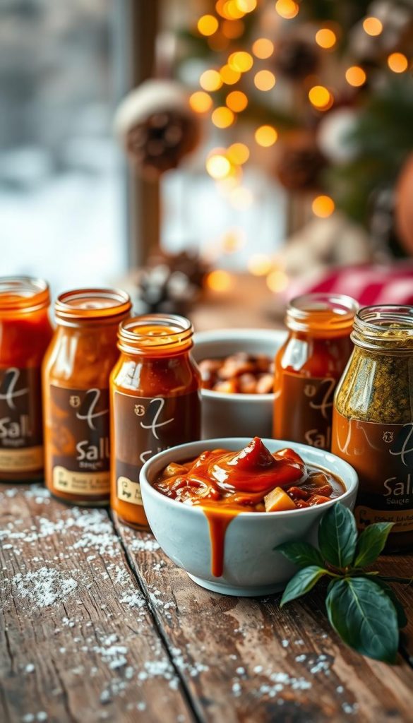 A cozy winter scene featuring an array of rich, vibrant sauce toppings displayed artistically on a rustic wooden table. In the foreground, showcase jars filled with spicy salsa, creamy garlic sauce, tangy barbecue, and fresh herb pesto, each with unique textures and colors. The middle ground should include a softly lit bowl of warm comfort food like chili or stew, with the sauces drizzled creatively over it, enhancing the appetizing look. In the background, incorporate blurred winter decor, like pinecones and fairy lights, to evoke a warm, inviting atmosphere. Use warm, natural lighting to create a soft glow, capturing the essence of winter comfort food. The overall mood should feel authentic and inspiring, perfect for a Pinterest-worthy image. Include the brand name &quot;KlickKiste&quot; subtly integrated into the design.