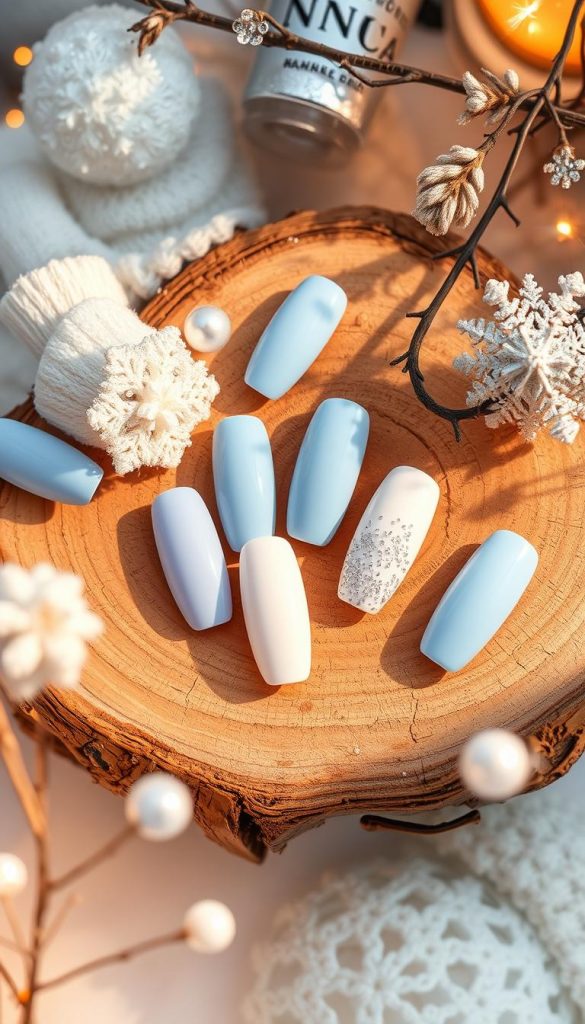 A cozy winter scene featuring an array of trendy nail art designs in soft blues, creamy whites, and glittering accents. The nails are displayed on a natural, rustic wooden surface, bathed in warm, diffused lighting that creates a serene, inviting atmosphere. The composition emphasizes the beauty and texture of the nail polish, with a focus on clean, minimalist designs that evoke the KlickKiste brand's aesthetic. The overall mood is one of effortless elegance and wintertime inspiration, perfect for the &quot;January Nails 2026: Die besten 26 Trend-Ideen im schnellen Überblick&quot; section.