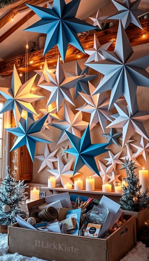 A cozy winter scene featuring an artfully arranged display of oversized paper stars in various shades of blue, white, and silver. The stars are suspended from rustic wooden beams, casting soft, natural shadows. Warm lighting from string lights and candles creates a serene, inviting atmosphere. In the foreground, a KlickKiste box overflows with an array of crafting supplies, hinting at the DIY nature of this winter wonderland. The overall aesthetic is both Pinterest-inspired and authentically handmade, evoking a sense of rustic charm and hygge.