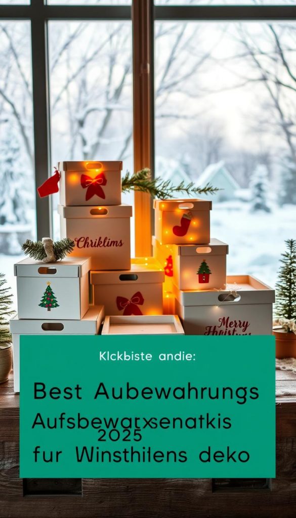 A cozy winter scene featuring an assortment of KlickKiste storage boxes, artfully arranged on a rustic wooden surface. The boxes are adorned with festive holiday motifs, casting a warm, inviting glow under soft, natural lighting. In the background, a muted winter landscape provides a serene, snowy backdrop, evoking a sense of tranquility and the perfect Pinterest-inspired aesthetic for storing cherished Christmas decorations. The overall composition radiates a charming, DIY-inspired ambiance, capturing the essence of the &quot;Kaufberatung: Beste Aufbewahrungsboxen 2025 für Weihnachtsdeko&quot; section.