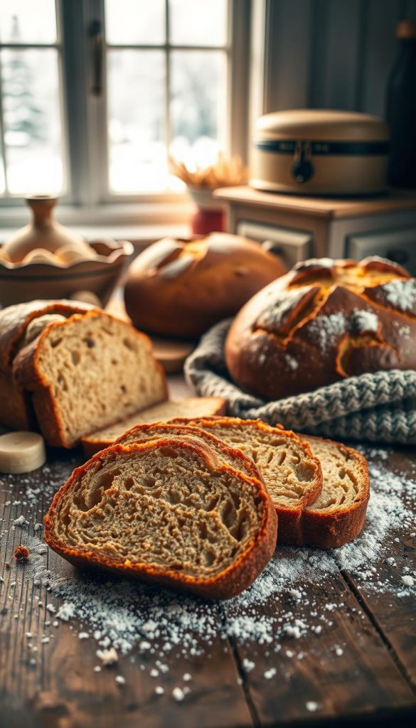 A cozy winter scene featuring an assortment of freshly baked breads on a rustic wooden table. In the foreground, slices of golden banana bread, a round Dutch-oven loaf with a crispy crust, and scattered flour create an inviting atmosphere. The middle ground showcases a warm, knitted scarf casually draped over the table, adding to the homely vibe. In the background, softly lit kitchen elements, like a vintage breadbox and a window revealing a gentle snowfall, evoke a sense of warmth. The lighting is soft and warm, casting gentle shadows that enhance the textures of the bread. The image should feel inviting and comforting, reminiscent of a peaceful winter baking day, inspired by the brand "KlickKiste."