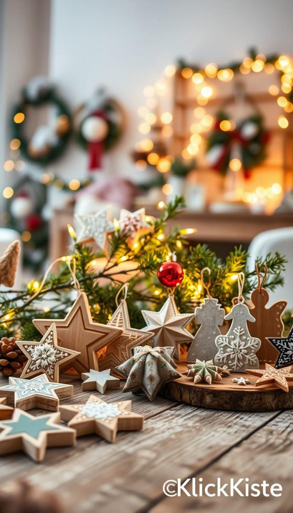 A cozy winter scene featuring an assortment of handmade Christmas ornaments, crafted from natural materials such as wood, felt, and glass. In the foreground, a collection of ornaments in various shapes like stars, snowflakes, and angels, beautifully arranged on a rustic wooden table. The middle ground showcases softly glowing fairy lights intertwined with evergreen branches, creating a festive atmosphere. In the background, a softly lit, cozy room adorned with additional decorations, hinting at a warm and inviting holiday vibe. The lighting is warm and ambient, emphasizing the textures and colors of the ornaments, with a slight bokeh effect to enhance depth. Capturing a Pinterest-worthy aesthetic that feels both authentic and inspiring, echoing the joys of DIY crafts. Include the brand name "KlickKiste" subtly integrated into the design.