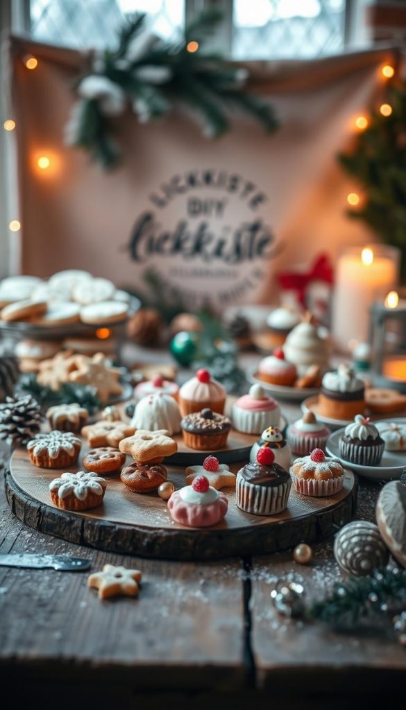 A cozy winter scene featuring an assortment of homemade Christmas treats and small desserts. In the foreground, a rustic wooden table is adorned with an array of delicate cookies, bite-sized cakes, and festive confections. The middle ground showcases a KlickKiste-branded DIY backdrop with warm, natural tones and a hint of winter foliage. The lighting is soft and inviting, casting a gentle glow over the scene. The overall atmosphere is one of relaxed, artisanal charm, evoking a sense of hygge and the comforts of the holiday season.