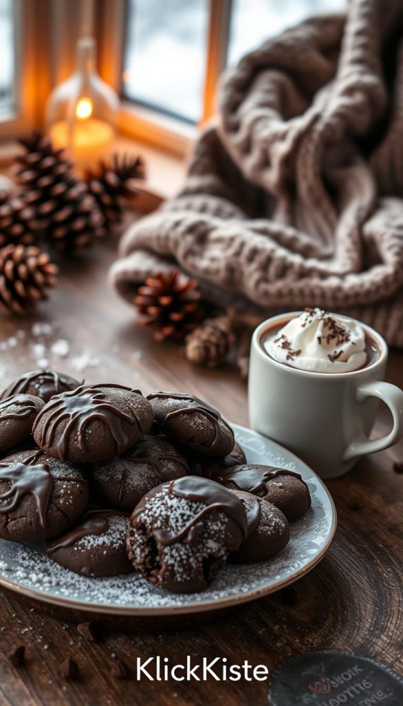 A cozy winter scene featuring an assortment of homemade chocolate cookies, artfully arranged on a rustic wooden table. In the foreground, a plate piled high with rich, dark chocolate cookies, some with melted chocolate drizzled on top, surrounded by a dusting of powdered sugar. Next to the plate, a steaming mug of hot chocolate topped with whipped cream and chocolate shavings. In the middle ground, soft, warm lighting glowing from a nearby window, casting a gentle illumination on the delightful treats. Background elements include a plush, knitted scarf and a few pinecones, enhancing the winter vibes. The atmosphere is inviting and homely, perfect for a weekend baking session. Label the scene with "KlickKiste" in a subtle, warm tone.