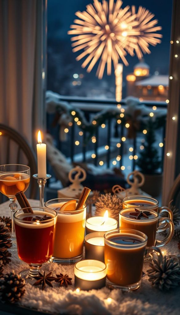 A cozy winter scene featuring an assortment of hot drinks, capturing the essence of a festive New Year's celebration. In the foreground, a beautifully arranged table displays various warm cocktails in elegant glassware, garnished with cinnamon sticks, orange slices, and star anise. The middle ground features steaming mugs close to a flickering candle, surrounded by winter decorations like pinecones and fairy lights. In the background, a softly illuminated balcony with a view of fireworks lighting up the night sky creates a magical atmosphere. Use warm, inviting colors to enhance the winter vibes and the feeling of intimacy. The composition should be shot with a soft focus lens, emphasizing the warmth and coziness of the scene, embodying the spirit of "KlickKiste."