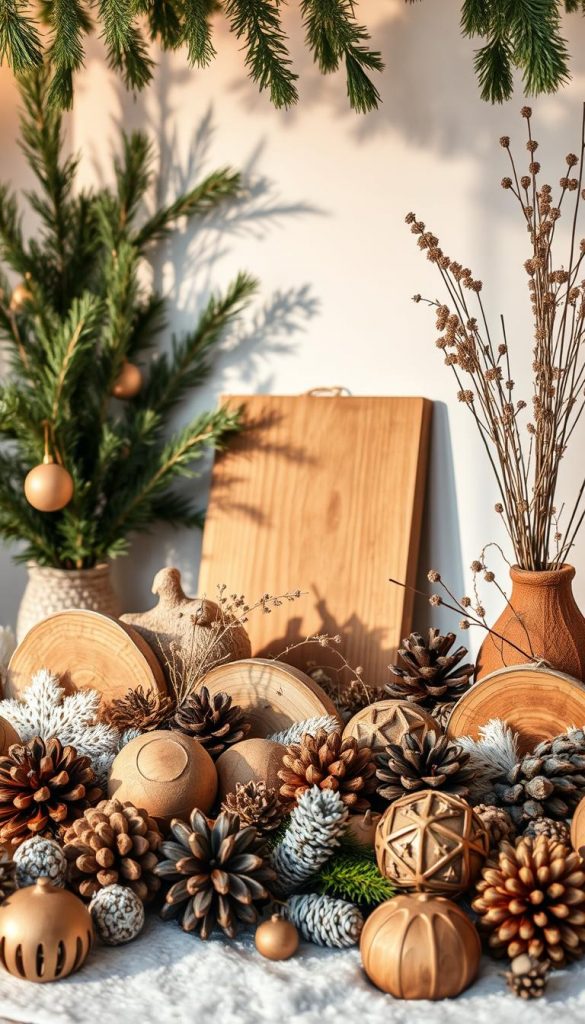 A cozy winter scene featuring an assortment of rustic, handcrafted wooden decorations arranged in a visually appealing display. The foreground showcases a mix of organic shapes and textures, including carved wooden ornaments, pinecones, and bundles of dried flowers and herbs. In the middle ground, a wooden plaque or sign with a warm, weathered finish leans against a whitewashed wall, casting gentle shadows. The background features a soft, muted palette of neutral tones, with hints of natural greenery and warm lighting that creates a inviting, Pinterest-worthy atmosphere. The overall composition exudes a sense of natural, homespun charm, reflecting the beauty and coziness of the winter season.