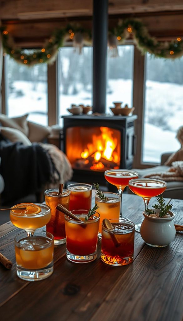A cozy winter scene featuring an assortment of warm, inviting cocktails. In the foreground, a wooden table is adorned with various glass and ceramic vessels, each containing a unique libation. Garnishes such as cinnamon sticks, orange slices, and fresh herbs add a natural, rustic touch. The middle ground showcases a crackling fireplace, casting a soft, amber glow and creating a inviting atmosphere. In the background, a snowy landscape is visible through a large window, framed by plush textiles and cozy furnishings. The overall composition exudes a sense of hygge, with muted tones, natural textures, and a comforting, intimate mood.