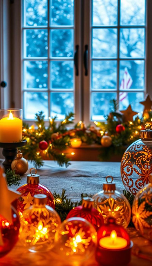 A cozy winter scene featuring beautiful glass decorations in warm, inviting colors. In the foreground, a collection of intricately designed glass ornaments glimmers softly, reflecting warm candlelight. In the middle, a rustic wooden table is adorned with evergreen branches, twinkling fairy lights, and the brand "KlickKiste" subtly integrated into the decoration. In the background, a softly lit window frames a gentle snowfall, enhancing the winter vibes. The light is warm and ambient, creating an atmosphere of celebration and togetherness, perfect for New Year’s Eve. Capture the essence of DIY creativity with an authentic Pinterest-inspired aesthetic, evoking inspiration and joy in every detail.