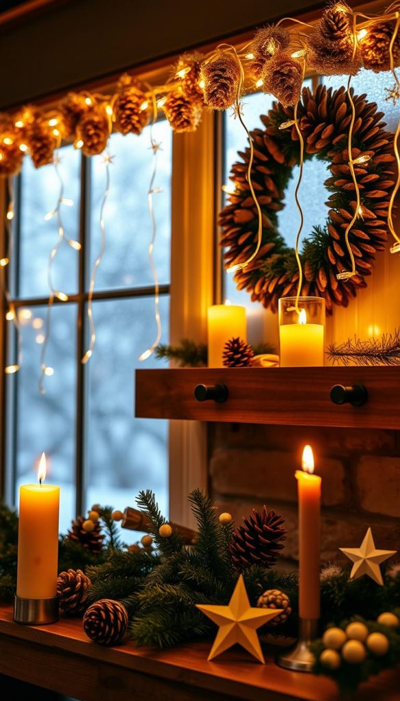 A cozy winter scene featuring beautifully arranged fairy lights (lichterketten) draping gracefully across a wooden mantel. In the foreground, warm-toned, flickering candles cast a soft glow, adding to the inviting atmosphere. The middle ground includes holiday decorations, such as pinecones and evergreen branches, complemented by shimmering stars made of paper. The background reveals a frosted window with delicate snowflakes, letting in soft, diffused light from the outside. The mood is warm and enchanting, perfect for evoking festive spirit. Use a warm color palette, soft focus, and a slightly elevated angle to capture the overall essence. Create an inspiring, DIY aesthetic synonymous with the brand "KlickKiste," highlighting natural elements and a Pinterest-worthy look.