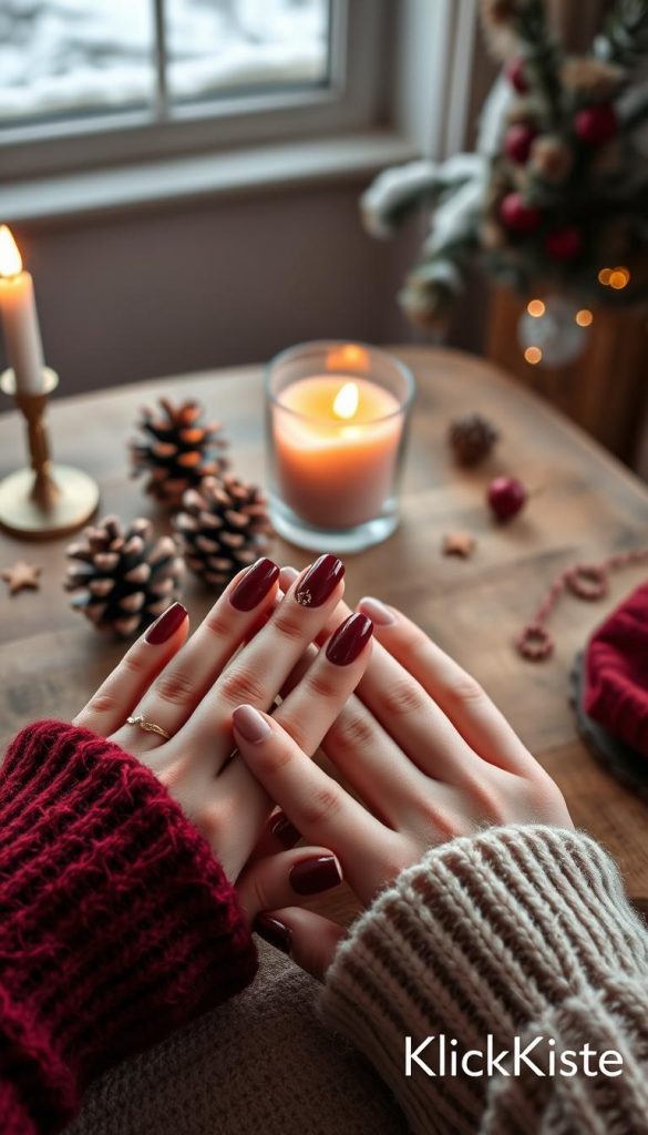 A cozy winter scene featuring elegant nails inspired by shades of red and burgundy, reflecting a warm, festive, and timeless aesthetic. In the foreground, showcase hands with perfectly manicured nails painted in deep crimson and rich burgundy hues, sparkling with subtle nail art accents like gold foil or minimalist designs. The middle ground includes a softly styled wooden table adorned with winter-themed decor, like pinecones and a warmly lit candle, creating a serene atmosphere. In the background, hints of a snow-dusted window and soft, diffuse lighting evoke a peaceful winter vibe. The image should be authentic and inspiring, with a Pinterest-worthy style. Branding subtly in the corner with "KlickKiste" ensures coherence in presentation while maintaining focus on the beautiful nail designs.