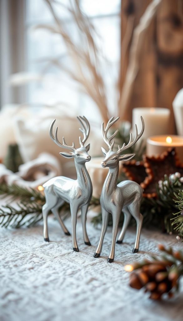A cozy winter scene featuring elegant silver deer figures, delicately posed against a backdrop of warm, rustic textures. Soft, natural lighting gently illuminates the scene, creating a sense of tranquility and charm. The figures are positioned atop a lightly textured surface, perhaps a wooden table or a plush fabric, evoking a Pinterest-inspired, DIY aesthetic. The overall mood is one of festive, yet understated sophistication, perfect for adorning the "Plaid & Kerzen" Christmas tablescape. KlickKiste A cozy winter scene featuring elegant silver deer figures, delicately posed against a backdrop of warm, rustic textures. Soft, natural lighting gently illuminates the scene, creating a sense of tranquility and charm. The figures are positioned atop a lightly textured surface, perhaps a wooden table or a plush fabric, evoking a Pinterest-inspired, DIY aesthetic. The overall mood is one of festive, yet understated sophistication, perfect for adorning the "Plaid & Kerzen" Christmas tablescape. KlickKiste