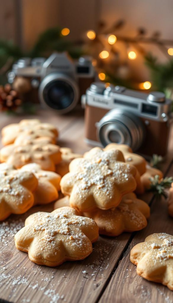 A cozy winter scene featuring freshly baked &quot;Plätzchen&quot; (German Christmas cookies) arranged on a rustic wooden table. Warm lighting casts a soft glow, highlighting the delicate textures and golden hues of the buttery treats. In the background, a vintage-inspired &quot;KlickKiste&quot; camera sits, capturing the homemade charm of this seasonal delight. The overall mood is natural, DIY-inspired, and Pinterest-worthy, evoking a sense of traditional holiday baking and warm, inviting ambiance.