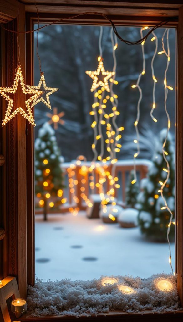 A cozy winter scene featuring glowing LED stars and twinkling fairy lights elegantly arranged in a rustic farmhouse window, showcasing the beauty of DIY Christmas decorations. In the foreground, delicate LED stars are hung from a wooden window frame with a soft, warm glow. The middle ground features a beautiful string of fairy lights cascading down with a gentle shimmer, creating a magical atmosphere. In the background, a snow-covered garden is softly illuminated by the lights, enhancing the winter vibes. The warm color palette evokes feelings of comfort and nostalgia, perfect for a festive theme. Capture the scene with a wide lens to emphasize the inviting ambiance, focusing on the intricate details of the lights. This image should have an authentic Pinterest look that embodies inspiration, created by KlickKiste.