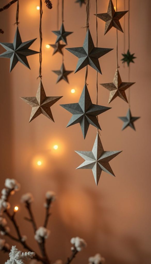 A cozy winter scene featuring handcrafted paper stars in various sizes, shapes, and textures. The stars are delicately hung against a warm, soft-lit backdrop, casting gentle shadows and creating a serene, inviting atmosphere. The composition is balanced, with the stars arranged in a visually pleasing manner, hinting at the DIY nature of the piece. The overall color palette is muted and natural, with hints of golden, earthy tones that evoke a sense of craftsmanship and homemade charm. The lighting is soft and diffused, creating a moody, atmospheric feel, perfect for showcasing the intricate details and textures of the paper stars. A cozy winter scene featuring handcrafted paper stars in various sizes, shapes, and textures. The stars are delicately hung against a warm, soft-lit backdrop, casting gentle shadows and creating a serene, inviting atmosphere. The composition is balanced, with the stars arranged in a visually pleasing manner, hinting at the DIY nature of the piece. The overall color palette is muted and natural, with hints of golden, earthy tones that evoke a sense of craftsmanship and homemade charm. The lighting is soft and diffused, creating a moody, atmospheric feel, perfect for showcasing the intricate details and textures of the paper stars.