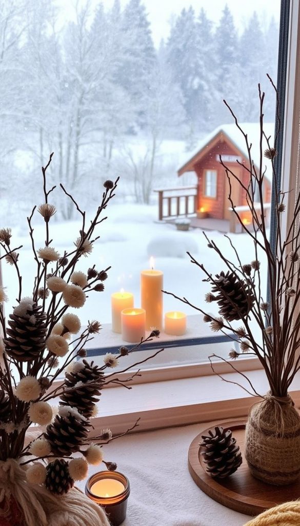 A cozy winter scene featuring natural, handmade decorations in warm tones. The foreground showcases a KlickKiste display with pinecones, dried flowers, and twigs arranged in a rustic, Pinterest-inspired manner. The middle ground features a snowy windowsill with candles and a small potted plant, casting a soft, ambient glow. The background depicts a serene winter landscape visible through the window, with a gentle snowfall and a hint of a Nordic-style cabin in the distance. The overall atmosphere is one of hygge, tranquility, and the natural beauty of the winter season. A cozy winter scene featuring natural, handmade decorations in warm tones. The foreground showcases a KlickKiste display with pinecones, dried flowers, and twigs arranged in a rustic, Pinterest-inspired manner. The middle ground features a snowy windowsill with candles and a small potted plant, casting a soft, ambient glow. The background depicts a serene winter landscape visible through the window, with a gentle snowfall and a hint of a Nordic-style cabin in the distance. The overall atmosphere is one of hygge, tranquility, and the natural beauty of the winter season.