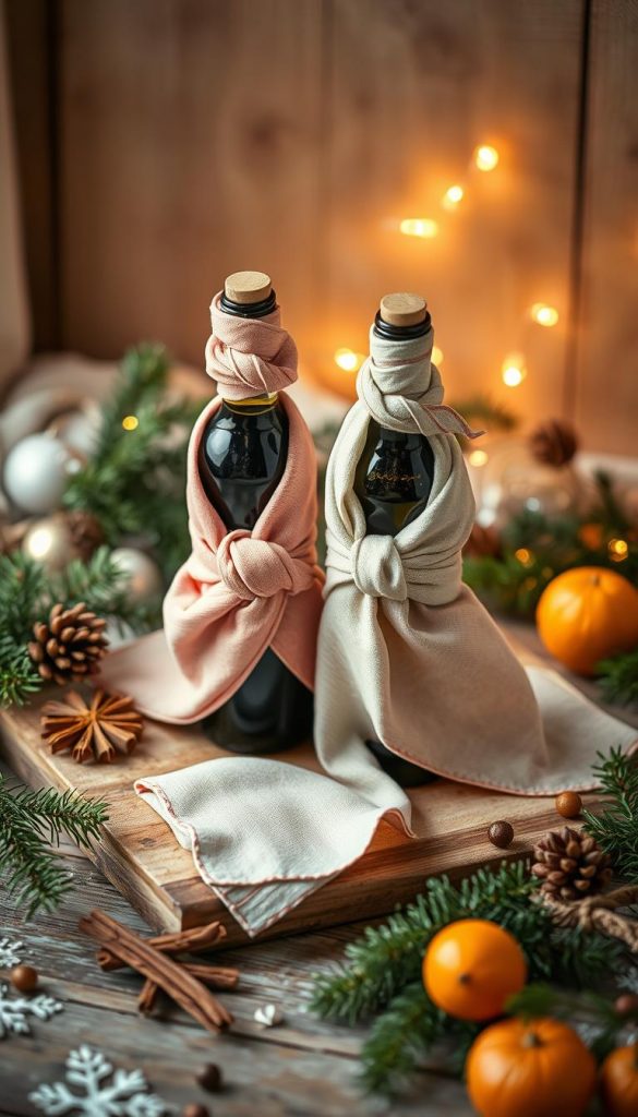 A cozy winter scene featuring two bottles of wine or oil elegantly wrapped in a KlickKiste furoshiki-style cloth. The bottles are nestled on a rustic wooden surface, surrounded by natural elements like pine branches, cinnamon sticks, and dried oranges. Soft, warm lighting casts a inviting glow, creating a serene, homemade atmosphere. The fabric's intricate knot-work technique is showcased, demonstrating a professional, yet simple gift-wrapping method. The image exudes a natural, handmade aesthetic with a touch of holiday spirit, perfectly capturing the essence of the &amp;quot;Flaschen verpacken wie ein Profi&amp;quot; section.