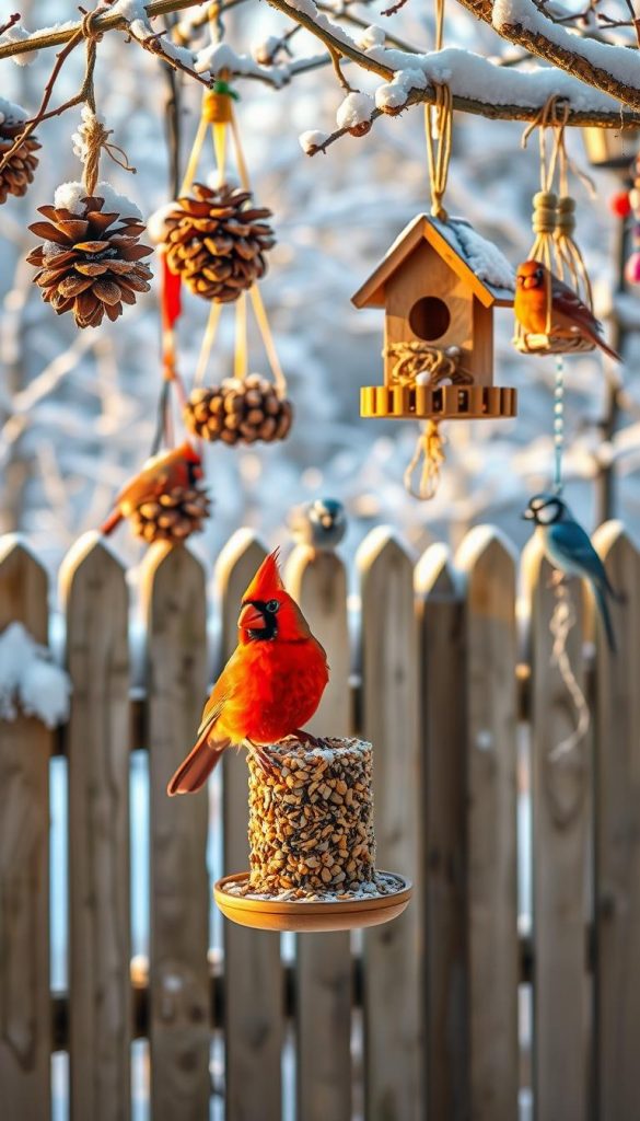 A cozy winter scene featuring various DIY bird feeders made from pinecones, birdseed, and natural materials, hanging from snow-dusted branches in a picturesque garden. In the foreground, a vibrant red cardinal perches on a feeder, while other small birds, like blue jays and chickadees, flit around. The middle ground showcases a rustic wooden fence with more feeders adorned with colorful beads and twine, reflecting a Pinterest-worthy aesthetic. Soft, warm lighting enhances the inviting atmosphere, casting gentle shadows and illuminating the snow's sparkling sheen. In the background, a soft-focus of snow-covered trees creates a tranquil ambiance. This image embodies the warmth of nature, perfect for inspiring families to engage in winter activities. Brand name: KlickKiste.