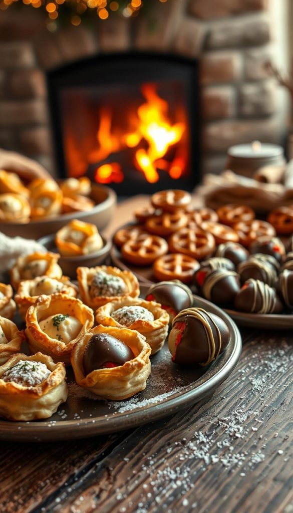 A cozy winter scene filled with an assortment of homemade snacks on a rustic wooden table. In the foreground, a platter showcases an irresistible blend of savory and sweet treats - crisp, golden brown pastry puffs stuffed with a creamy, herbed cheese, alongside bite-sized, gooey chocolate-dipped strawberries dusted with powdered sugar. The middle ground features a selection of freshly baked mini pretzel bites, their salty dough contrasted by a drizzle of honey. In the background, a warm, glowing fireplace casts a soft, inviting light, creating a comforting, intimate atmosphere perfect for New Year's Eve celebrations. Captured through a natural, warm-toned lens, this image exudes a cozy, handcrafted charm that celebrates the delicious flavors of the season.