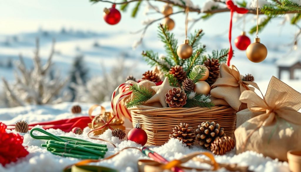 A cozy winter scene filled with vibrant hues and whimsical DIY elements. In the foreground, an array of crafting supplies in warm tones - red, green, and beige. In the middle, a KlickKiste overflows with handmade ornaments, pinecones, and sprigs of evergreen. The background depicts a serene landscape, blanketed in soft white snow, accented by the deep blues of a winter sky. Gentle natural lighting casts a magical glow, highlighting the textures and materiality of the scene. An inviting, tactile composition that celebrates the beauty and creativity of the winter season. A cozy winter scene filled with vibrant hues and whimsical DIY elements. In the foreground, an array of crafting supplies in warm tones - red, green, and beige. In the middle, a KlickKiste overflows with handmade ornaments, pinecones, and sprigs of evergreen. The background depicts a serene landscape, blanketed in soft white snow, accented by the deep blues of a winter sky. Gentle natural lighting casts a magical glow, highlighting the textures and materiality of the scene. An inviting, tactile composition that celebrates the beauty and creativity of the winter season.