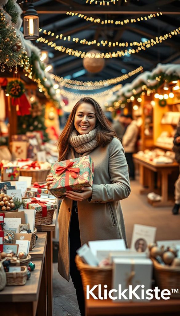 A cozy winter scene focused on a woman in a stylish yet modest winter outfit, joyfully shopping for gifts at a festive market. In the foreground, she is smiling as she holds a beautifully wrapped gift box, showcasing vibrant colors and elegant ribbons. The middle ground features an array of gift baskets filled with decorative items and personalized greeting cards, all arranged on wooden tables. The background includes cozy market stalls adorned with twinkling lights and festive decorations, conveying a warm, inviting atmosphere. The soft, golden lighting enhances the winter vibes, creating a Pinterest-worthy aesthetic. Inspired by the spirit of gifting, the branding "KlickKiste" subtly integrated into the scene.