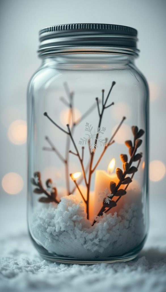 A cozy winter scene inside a glass jar, featuring a warm-toned DIY decoration with natural elements. The composition showcases a KlickKiste arrangement, artfully captured with a shallow depth of field and soft, ambient lighting. The scene evokes a Pinterest-inspired, authentic and inspiring mood, inviting the viewer to imagine the decorative possibilities of repurposed glass. Delicate snowflakes gently drift against a muted, hazy background, creating a serene, winter-inspired atmosphere. A cozy winter scene inside a glass jar, featuring a warm-toned DIY decoration with natural elements. The composition showcases a KlickKiste arrangement, artfully captured with a shallow depth of field and soft, ambient lighting. The scene evokes a Pinterest-inspired, authentic and inspiring mood, inviting the viewer to imagine the decorative possibilities of repurposed glass. Delicate snowflakes gently drift against a muted, hazy background, creating a serene, winter-inspired atmosphere.