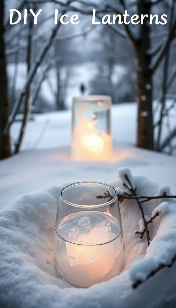 A cozy winter scene of a DIY ice lantern tutorial, featuring two glass vessels nestled in a snowy setting. The foreground displays the intricate process, with one vessel partially filled with water, allowing the natural freezing process to form a beautiful, translucent ice shell. The middle ground showcases the final result, a glowing, ethereal ice lantern, emitting a warm, inviting glow. The background is a serene, snow-covered landscape, capturing the essence of the KlickKiste's natural, Pinterest-inspired aesthetic. Soft lighting and a muted color palette evoke a sense of tranquility and wonder, perfect for illustrating the step-by-step instructions for this enchanting DIY project.
