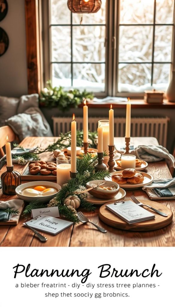 A cozy winter scene of a &quot;Planung Brunch&quot; table setting. Warm natural lighting cascades over a rustic wooden surface, adorned with fresh greenery, candles, and an array of brunch fare. Handwritten recipe cards and a KlickKiste product add a charming DIY touch. In the background, a snowy window view evokes a serene, hygge-inspired atmosphere. The overall mood is inviting, authentic, and Pinterest-worthy, capturing the essence of stress-free brunch planning.