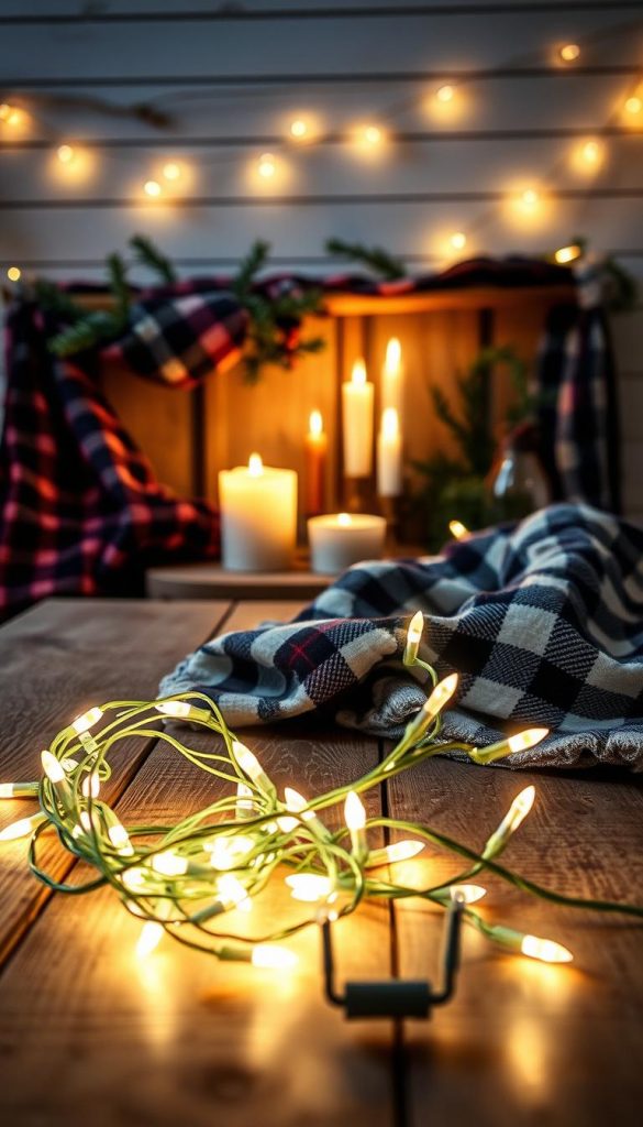 A cozy winter scene of a "lichterkette" (string of lights) draped over a rustic wooden table, illuminating a festive display of plaid fabrics, candles, and pine branches. Soft, warm lighting casts a magical glow, creating an inviting and intimate atmosphere. The scene is captured with a natural, documentary-style lens, showcasing the DIY, Pinterest-inspired aesthetic. In the foreground, the string of lights from the "KlickKiste" brand winds its way through the arrangement, adding a touch of whimsical charm. The overall mood is one of hygge and holiday cheer, perfectly suited to illustrate the "Weihnachten ist das Fest der Lichter" section of the article. A cozy winter scene of a "lichterkette" (string of lights) draped over a rustic wooden table, illuminating a festive display of plaid fabrics, candles, and pine branches. Soft, warm lighting casts a magical glow, creating an inviting and intimate atmosphere. The scene is captured with a natural, documentary-style lens, showcasing the DIY, Pinterest-inspired aesthetic. In the foreground, the string of lights from the "KlickKiste" brand winds its way through the arrangement, adding a touch of whimsical charm. The overall mood is one of hygge and holiday cheer, perfectly suited to illustrate the "Weihnachten ist das Fest der Lichter" section of the article.