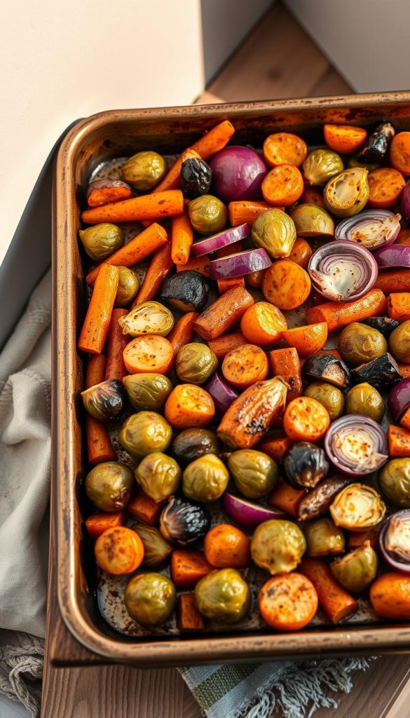 A cozy winter scene of a baking tray filled with a variety of seasonal roasted vegetables, including carrots, potatoes, brussels sprouts, and red onion. The tray is placed on a rustic wooden surface, with a backdrop of a simple white wall. The lighting is warm and natural, creating a soft, inviting atmosphere. The vegetables are beautifully caramelized, with hints of charring around the edges, adding depth and flavor. This is a quintessential &quot;KlickKiste&quot; style image, with a Pinterest-inspired, authentic and inspirational look.