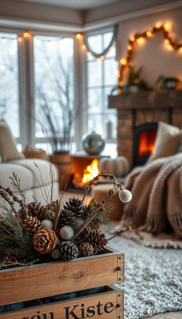 A cozy winter scene of a family's &quot;Mikroabenteuer&quot; in the comfort of their own home. In the foreground, a KlickKiste filled with natural materials like pine cones, twigs, and dried flowers creates a DIY, handcrafted look. The middle ground features a warm, flickering fireplace casting a soft, golden glow. In the background, frost-covered windows hint at the wintry landscape outside, while plush blankets and pillows on the sofa suggest a sense of hygge and relaxation. The overall mood is intimate, authentic, and Pinterest-inspired, with a focus on simple pleasures and quality time together.