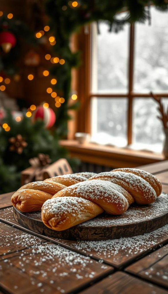 A cozy winter scene of a freshly baked "zimtstange" (cinnamon stick) resting on a rustic wooden surface. The pastry is dusted with powdered sugar, casting a soft, warm glow under the gentle lighting. In the background, a festive holiday scene unfolds, with hints of evergreen garlands, twinkling string lights, and a touch of snowfall visible through a frosty window. The overall mood is one of comfort, nostalgia, and the irresistible aroma of cinnamon that evokes the joys of the winter season. The image has a natural, handcrafted aesthetic with a Pinterest-inspired, DIY sensibility, inviting the viewer to savor the moment and be inspired to create their own winter-themed treats.