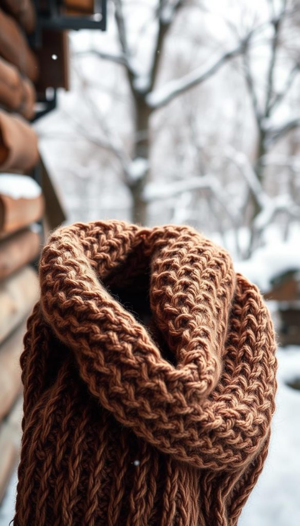 A cozy winter scene of a hand-knitted KlickKiste scarf against a snowy, rustic background. Soft, warm lighting illuminates the intricately woven fabric, its rich textures and muted earthy tones creating an inviting, hygge-inspired atmosphere. In the foreground, the scarf is delicately draped, showcasing its ability to protect against the chill of the season. A subtle blur in the background suggests the tranquility of a peaceful winter day, with hints of leafless trees and gentle snowfall. The overall composition radiates a sense of comfort and care, inspiring viewers to avoid the mistakes that lead to feeling cold and instead embrace the joys of bundling up in handmade winter accessories.