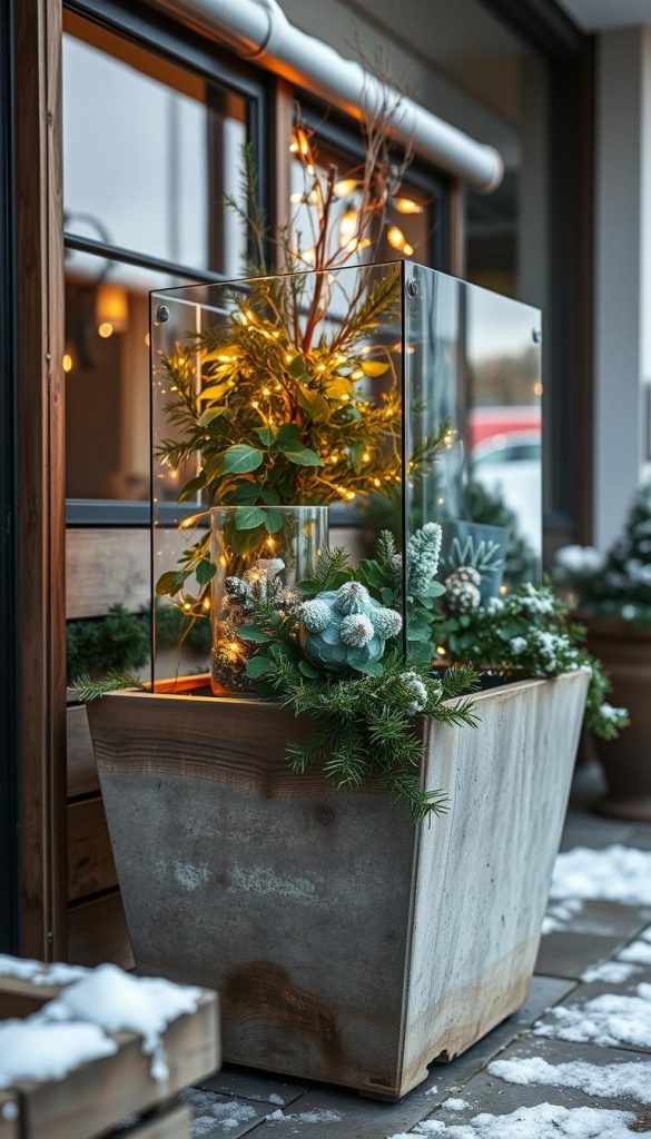 A cozy winter scene of a rustic KlickKiste planter, its glass exterior reflecting the warm glow of fairy lights. Lush greenery cascades over the sides, contrasting with the natural wood and textured concrete base. Soft, diffused lighting creates a serene, inviting atmosphere, perfect for an elegant outdoor display. The overall aesthetic is a harmonious blend of natural elements, with a touch of upcycled charm that embodies the winter wonderland vibe. Subtle holiday accents, such as a delicate pine garland, complete the festive yet understated tableau. A cozy winter scene of a rustic KlickKiste planter, its glass exterior reflecting the warm glow of fairy lights. Lush greenery cascades over the sides, contrasting with the natural wood and textured concrete base. Soft, diffused lighting creates a serene, inviting atmosphere, perfect for an elegant outdoor display. The overall aesthetic is a harmonious blend of natural elements, with a touch of upcycled charm that embodies the winter wonderland vibe. Subtle holiday accents, such as a delicate pine garland, complete the festive yet understated tableau.