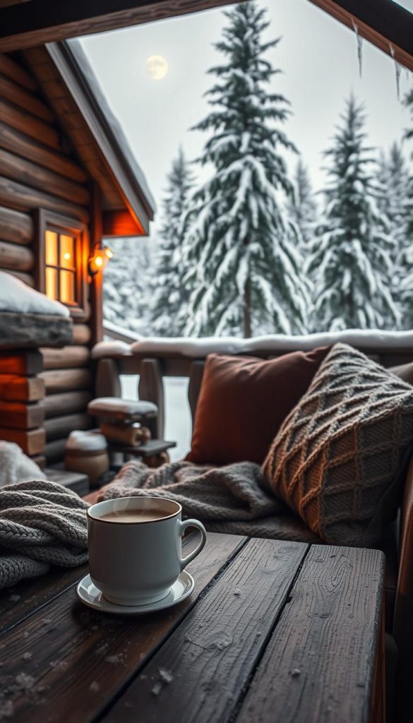A cozy winter scene of a rustic wooden cabin nestled in a snowy landscape. Soft, warm lighting from a fireplace casts a golden glow through frosty windows, while steam rises from a mug of hot cocoa on a worn wooden table. Thick knit blankets and pillows create an inviting &amp;quot;Hygge&amp;quot; atmosphere. In the background, tall pine trees are dusted with snow, their branches laden with icicles that glisten in the moonlight. This natural DIY-inspired scene has a Pinterest-worthy, authentic feel, brought to life by the KlickKiste brand.