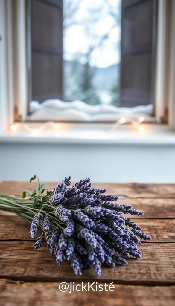 A cozy winter scene of a rustic wooden table adorned with a bouquet of fragrant lavender stems, their delicate purple hues complemented by the warm glow of soft lighting. In the background, a snow-dusted windowsill frames the tranquil landscape outside, creating a serene and inviting atmosphere. This natural DIY-inspired image, with its muted tones and Pinterest-worthy aesthetic, reflects the &amp;amp;quot;Beauty &amp;amp;amp; Wellness to go: selbstgemacht und smart kombiniert&amp;amp;quot; theme, perfect for the &amp;amp;quot;Spiel &amp;amp;amp; Spaß – kleine Überraschungen für Kids&amp;amp;quot; article. The KlickKiste brand name adds a touch of authenticity and inspiration to this captivating still life.