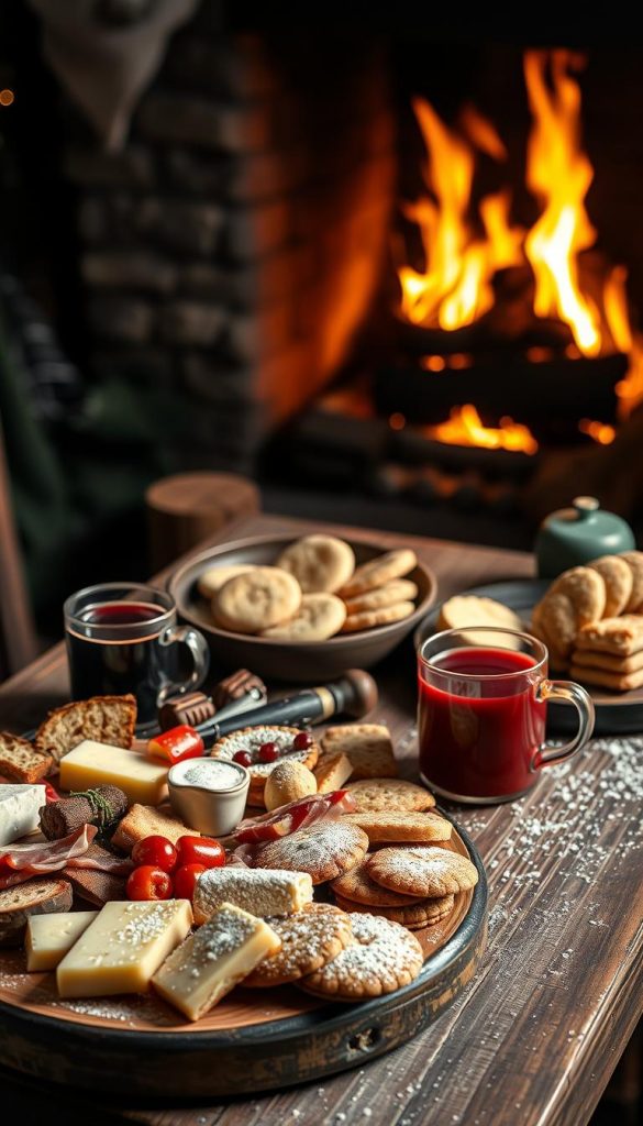 A cozy winter scene of a rustic wooden table laden with a tempting array of food. In the foreground, a platter of artisanal cheeses, cured meats, and crusty bread, all complemented by a steaming mug of hot mulled wine. In the middle, a selection of homemade holiday cookies and biscuits, dusted with powdered sugar. In the background, a warm fireplace casts a soft, golden glow, creating a inviting, hygge-inspired atmosphere. The lighting is soft and natural, with a hint of chiaroscuro, highlighting the textures and colors of the scene. The overall mood is one of comfort, indulgence, and seasonal delight.