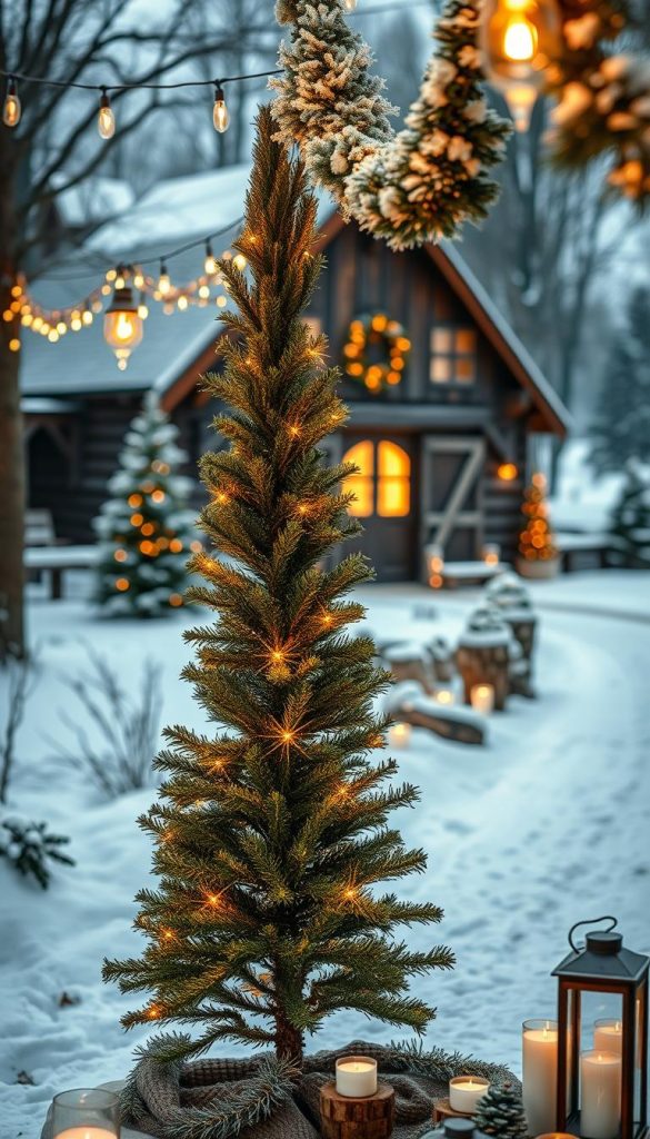 A cozy winter scene of an outdoor Christmas display, featuring a warm glow from tastefully arranged string lights, lanterns, and candles. In the foreground, a beautifully decorated evergreen tree stands tall, its branches adorned with twinkling lights. In the middle ground, a path winds through a snowy landscape, leading to a charming wooden cabin or barn, its windows aglow. The background is softly blurred, highlighting the inviting atmosphere. The overall mood is one of hygge, with natural materials, muted tones, and a sense of rustic elegance. A perfect balance of holiday cheer and serene winter ambiance. A cozy winter scene of an outdoor Christmas display, featuring a warm glow from tastefully arranged string lights, lanterns, and candles. In the foreground, a beautifully decorated evergreen tree stands tall, its branches adorned with twinkling lights. In the middle ground, a path winds through a snowy landscape, leading to a charming wooden cabin or barn, its windows aglow. The background is softly blurred, highlighting the inviting atmosphere. The overall mood is one of hygge, with natural materials, muted tones, and a sense of rustic elegance. A perfect balance of holiday cheer and serene winter ambiance.