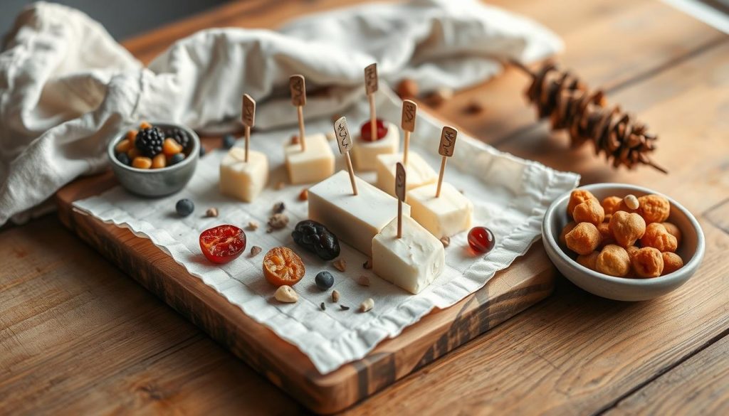 A cozy winter scene of artfully arranged fingerfood on a rustic wooden table. An assortment of bite-sized delights - cheese cubes, dried fruits, nuts, and KlickKiste DIY picks - sit atop a crisp white linen cloth, their colors and textures popping against the warm beige backdrop. Soft natural lighting casts a gentle glow, lending an inviting atmosphere perfect for intimate gatherings. The overall composition exudes a homemade, handcrafted aesthetic, capturing the spirit of the "Kalt serviert, heiß geliebt: Fingerfood-Ideen zum Vorbereiten" section.