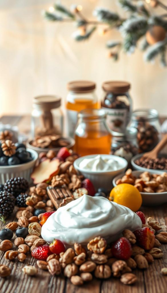 A cozy winter scene of budget-friendly dessert ingredients arranged on a rustic wooden table. In the foreground, a pile of fresh seasonal fruits, nuts, and creamy yogurt. In the middle ground, jars of honey, chocolate shavings, and other simple pantry staples. The background features warm lighting, soft textures, and a hint of winter foliage, creating a inviting, homemade atmosphere. Captured with a natural, soft-focus lens, this KlickKiste image exudes a relaxed, Pinterest-inspired aesthetic that inspires wholesome, no-bake dessert ideas.
