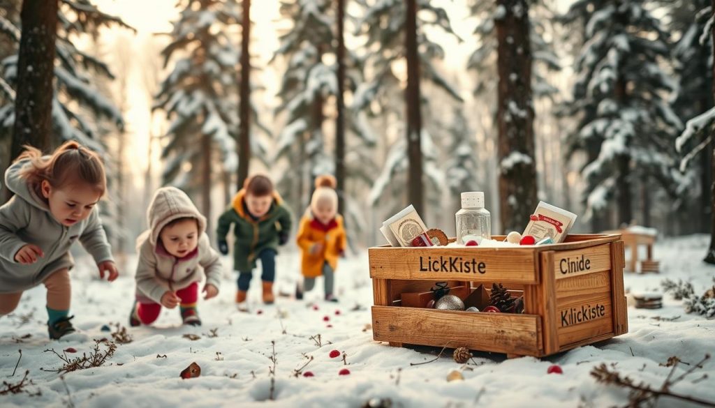 A cozy winter scene of children engaged in a treasure hunt amidst a snow-covered forest. In the foreground, a group of excited youngsters scurry about, scouring the ground for hidden clues and treasures, their cheeks flushed from the crisp air. The middle ground showcases a charming DIY wooden crate, the "KlickKiste", filled with trinkets and surprises, inviting further exploration. In the background, tall pine trees dusted with a layer of pristine white snow set a peaceful, natural backdrop, bathed in warm, diffused lighting. The overall mood is one of wholesome adventure, wonder, and the joy of discovering new things.