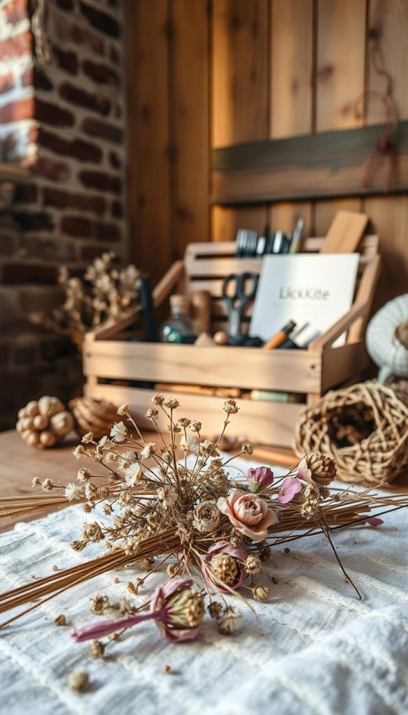 A cozy winter scene of handmade DIY decor, with a rustic, bohemian aesthetic. In the foreground, a collection of dried flowers, twine, and natural materials sits on a linen cloth. The middle ground features a KlickKiste, a wooden crate filled with craft supplies and tools, casting warm, soft light. In the background, a wall of exposed brick and wood paneling creates a charming, intimate atmosphere. The overall mood is one of calm, creativity, and a touch of nostalgia, perfect for the &quot;Boho Friendsgiving&quot; theme.