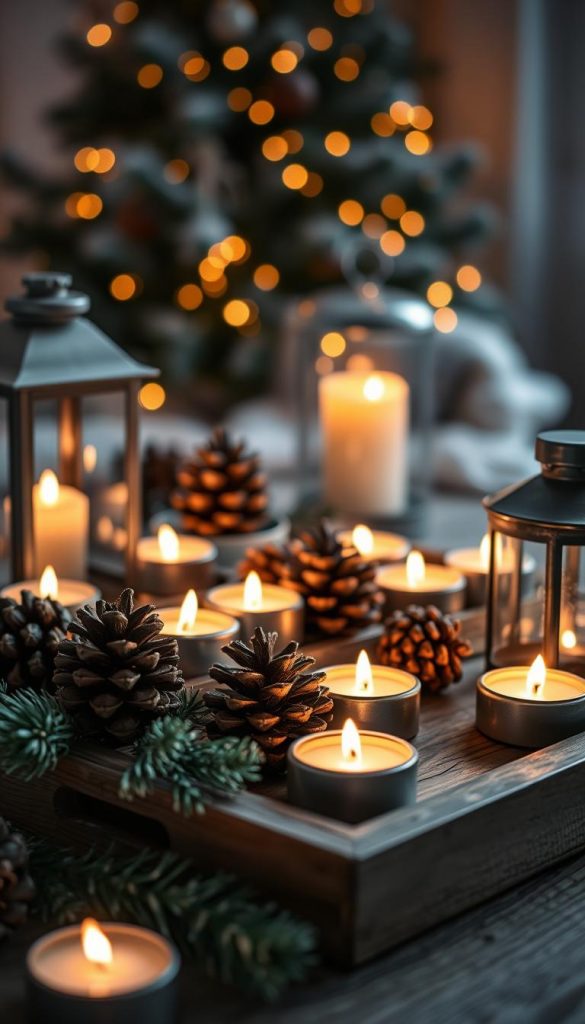 A cozy winter scene of soft glowing LED tea lights nestled among rustic wooden trays, metal lanterns, and natural pinecones. The warm amber light casts a gentle, inviting glow, creating a peaceful, hygge ambiance. In the background, a blurred out Christmas tree with twinkling lights adds to the festive KlickKiste atmosphere. The overall mood is serene and inviting, perfect for setting the tone for the "Sanftes Leuchten" section of the "Kinderzimmer: einfache Weihnachtsdeko & Adventsecken" article. A cozy winter scene of soft glowing LED tea lights nestled among rustic wooden trays, metal lanterns, and natural pinecones. The warm amber light casts a gentle, inviting glow, creating a peaceful, hygge ambiance. In the background, a blurred out Christmas tree with twinkling lights adds to the festive KlickKiste atmosphere. The overall mood is serene and inviting, perfect for setting the tone for the "Sanftes Leuchten" section of the "Kinderzimmer: einfache Weihnachtsdeko & Adventsecken" article.