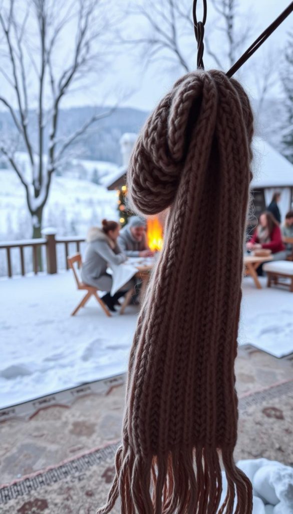 A cozy winter scene of the KlickKiste family test, captured in natural lighting. In the foreground, a warm, handmade scarf is draped invitingly, reflecting the soft, earthy tones of the scene. In the middle ground, a group of people are gathered around a table, their faces lit by the glow of a crackling fireplace. In the background, snow-covered trees and a picturesque landscape create a serene, wintry atmosphere. The overall mood is one of comfort, togetherness, and the simple pleasures of the season, with a touch of rustic charm and a Pinterest-inspired aesthetic.