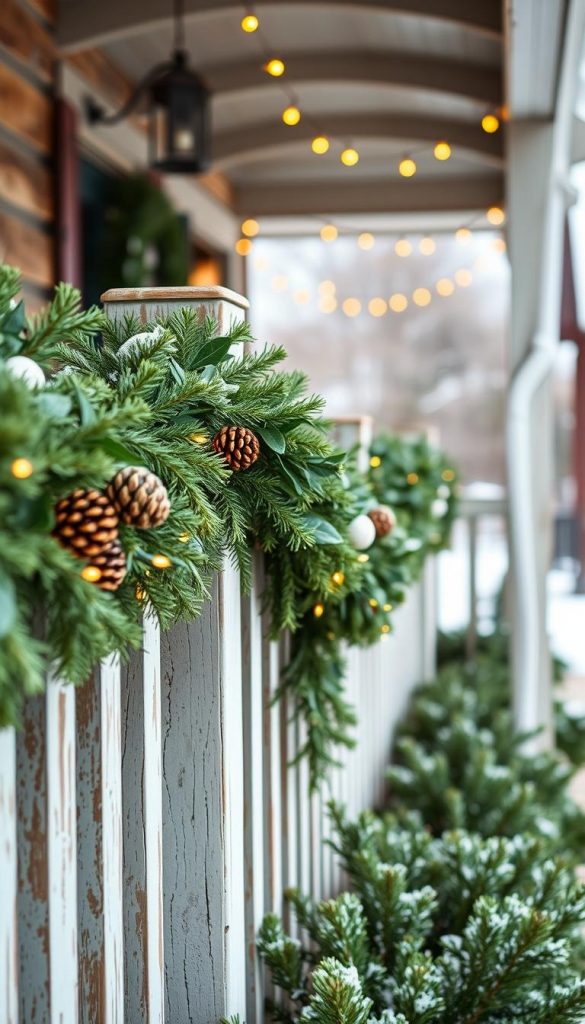 A cozy winter scene on a rustic front porch, adorned with lush green garlands elegantly draped along the railing. The warm glow of string lights casts a soft, inviting ambiance, while natural pine cones and sprigs of holly add a touch of festive charm. The weathered wood of the porch and railing create a charming, KlickKiste-inspired aesthetic, perfect for this winter-themed article illustration. Captured in a natural, atmospheric lighting with a shallow depth of field, highlighting the intricate details of the garland decoration.