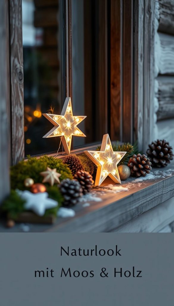 A cozy winter scene on a rustic wooden window sill, featuring a glowing LED star decoration by KlickKiste. The soft, warm lighting creates a serene and inviting atmosphere, complemented by natural elements like moss, pinecones, and a touch of snow. The composition is balanced, with the star as the focal point, surrounded by earthy textures and a muted color palette. The image conveys a sense of tranquility and hygge, perfect for the holiday season and the &quot;Naturlook mit Moos &amp; Holz&quot; theme.