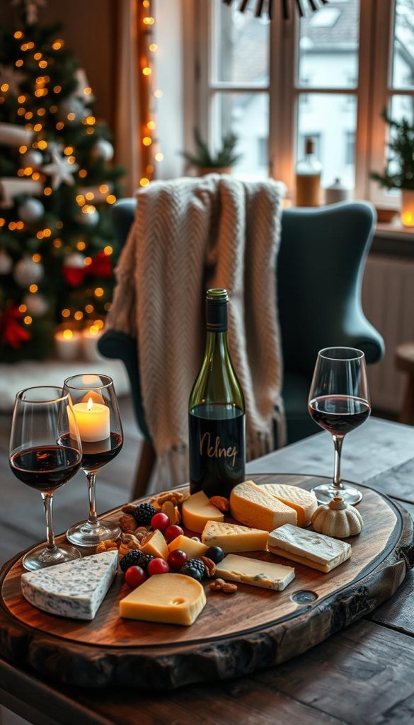 A cozy winter scene set for a wine and cheese tasting experience. In the foreground, a rustic wooden table displays an elegant cheese board adorned with an assortment of cheeses, fresh fruits, nuts, and a decanter of red wine, invitingly glistening. Delicate wine glasses catch the soft glow of warm candlelight. In the middle, a plush blanket is draped over the back of a stylish chair to enhance the comfortable ambiance. The background features a softly lit room, decorated with fairy lights and winter-themed decor, creating an intimate atmosphere. The overall mood is warm and romantic, perfect for a date night. The image should embody natural DIY aesthetics with rich, inviting colors, capturing the essence of winter vibes. Inspired by the brand "KlickKiste."