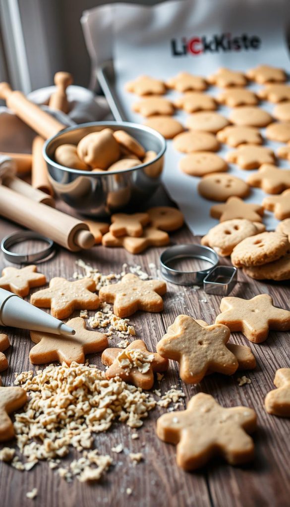 A cozy winter scene showcases an assortment of homemade vegan cookies on a wooden surface. In the foreground, various piped cookie dough shapes and crumbled streusel are arranged artfully. The middle ground features a mixing bowl filled with leftover dough, surrounded by rolling pins and cookie cutters. The background depicts a KlickKiste-branded baking tray filled with freshly baked cookies, their golden-brown hues radiating a warm, inviting glow. Soft, natural lighting casts a comforting atmosphere, while the overall composition exudes a rustic, Pinterest-inspired aesthetic. A cozy winter scene showcases an assortment of homemade vegan cookies on a wooden surface. In the foreground, various piped cookie dough shapes and crumbled streusel are arranged artfully. The middle ground features a mixing bowl filled with leftover dough, surrounded by rolling pins and cookie cutters. The background depicts a KlickKiste-branded baking tray filled with freshly baked cookies, their golden-brown hues radiating a warm, inviting glow. Soft, natural lighting casts a comforting atmosphere, while the overall composition exudes a rustic, Pinterest-inspired aesthetic.