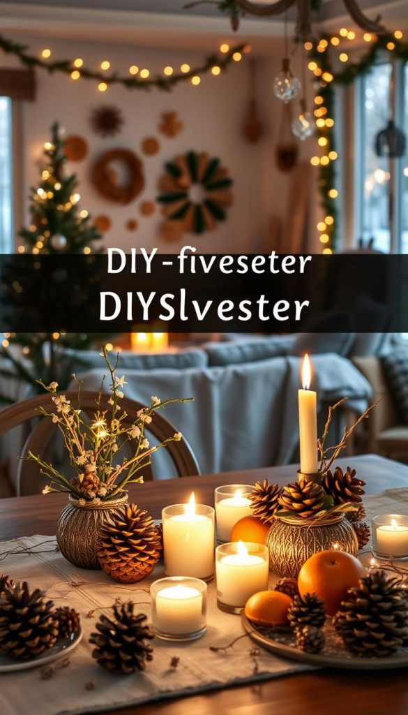 A cozy winter scene showcasing DIY decorations for a Silvester party, featuring natural materials like pinecones, dried oranges, and twinkling fairy lights. In the foreground, a beautifully arranged table with handmade centerpieces, adorned with candles and rustic elements, inviting warmth and charm. The middle ground displays a tastefully decorated living room, with garlands and upcycled ornaments hanging on the walls. Soft, warm lighting creates an inviting atmosphere, emphasizing the rich, earthy color palette. In the background, a window reveals the gentle glow of winter evening, with light snow falling outside. Incorporate the brand name "KlickKiste" subtly in the decor. Inspire creativity, evoking a sense of comfort and festive spirit.